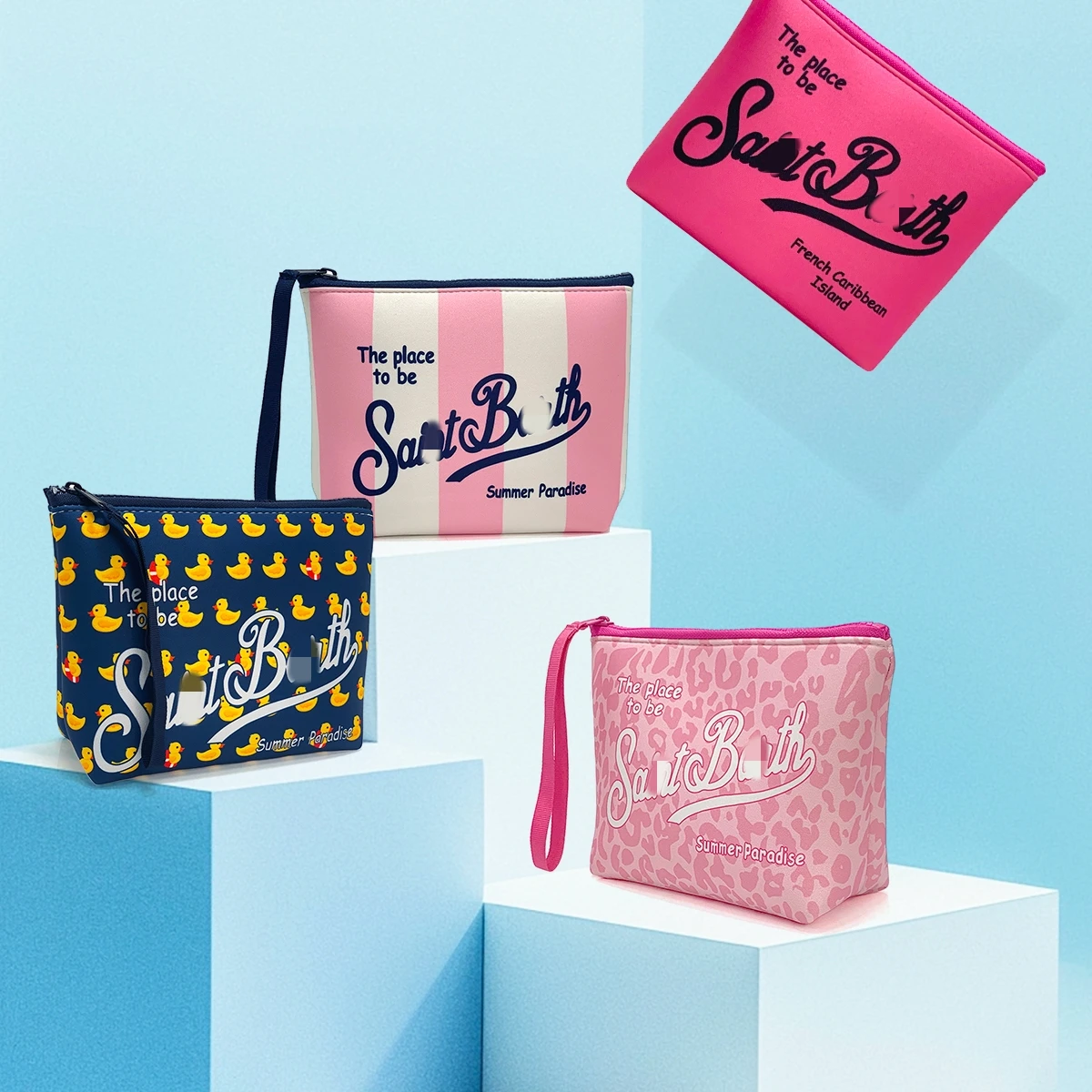 Cosmetic Bag with Tags Neoprene Makeup Bag for Women Toiletry Bag Travel Cute Makeup Skincare Purse Handled Pouch Organizer