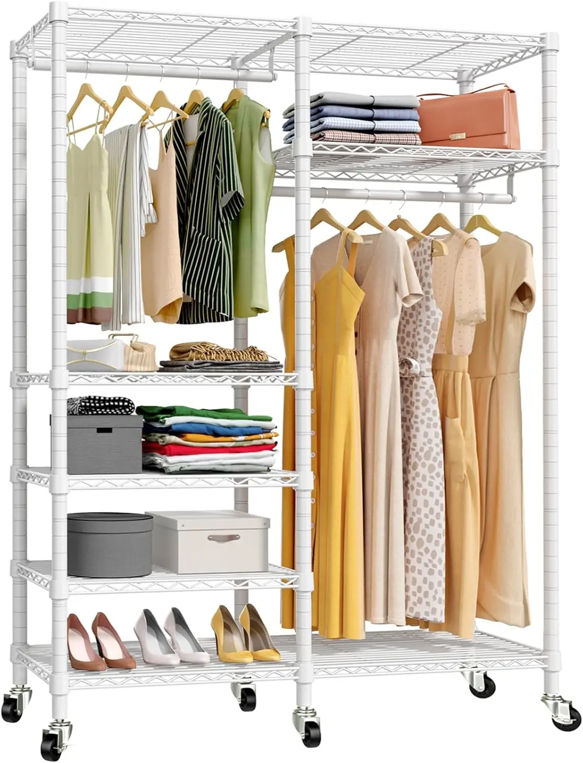 

Adjustable Wire Shelving Clothes Rack with Double Rods, Freestanding Wardrobe Closet Storage Rack Metal Clothing Rack, White