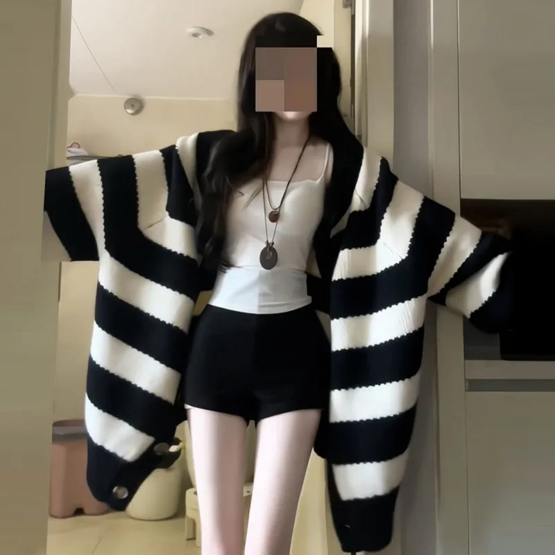 

Lazy Style White Striped Knitted Cardigan Sweater Coat Women Early Autumn New Mid-Length Autumn Winter Top