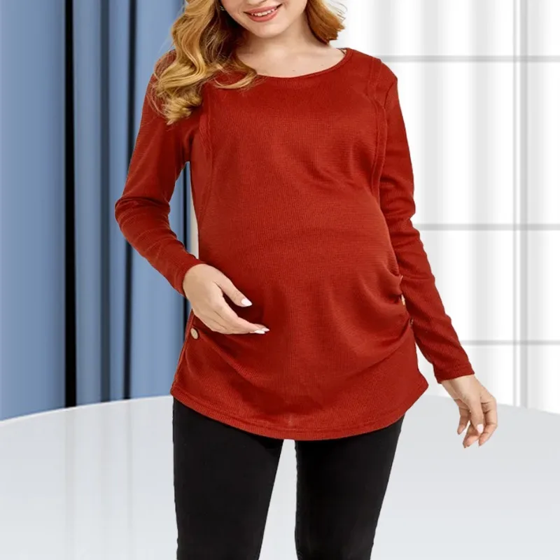 قاعدة ناعمة ومريحة للرضاعة الطبيعية للنساء الحوامل، لون أحمر خمري، رقبة مستديرة، تي شيرت عالي الجودة بأكمام طويلة #1