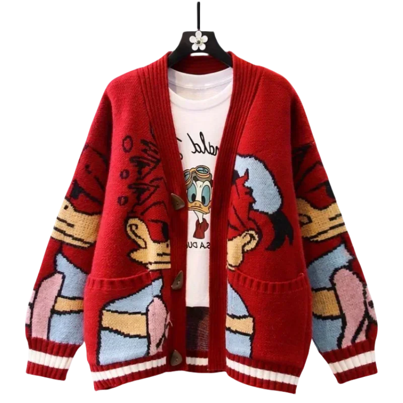 Donald Duck Women\'s Spring and Autumn Versatile Knitted Cardigan Sweet and Fresh Creative Cartoon Loose V-neck Sweater Jacket