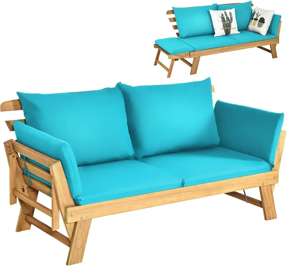 Patio Convertible Couch Sofa Bed, Acacia Wood Daybed w/Adjustable Armrest, Collapsible Chaise Lounge w/Cushions & Pillows, Outdo