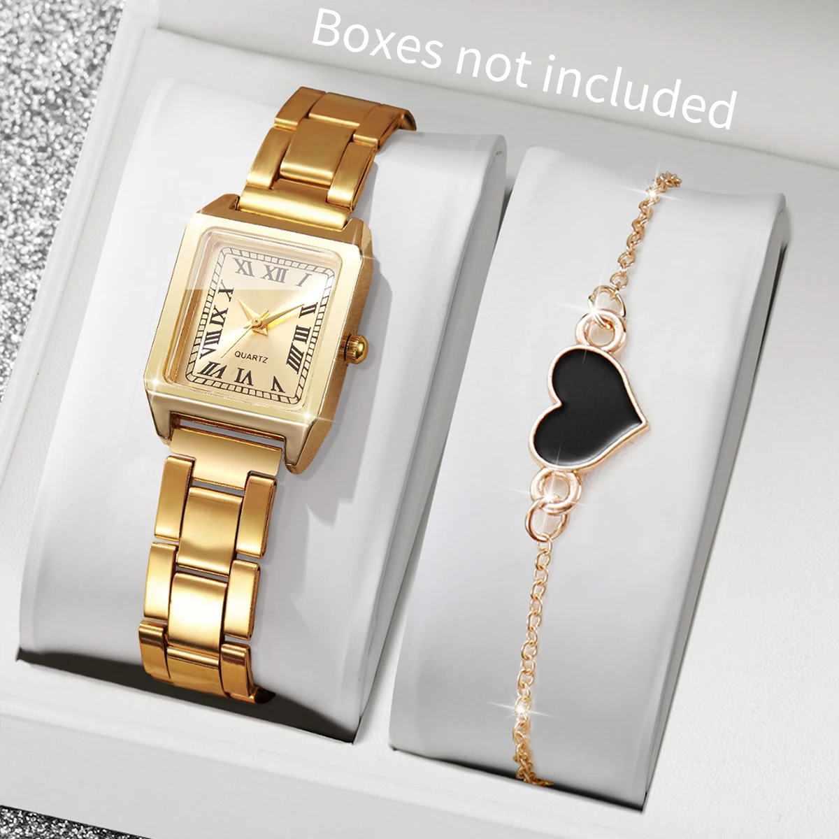 Luxury Gold Tone Women Watch Set Square Dial Quartz Wristwatch with Black Heart Charm Bracelet Female Dress Jewelry Gift Set