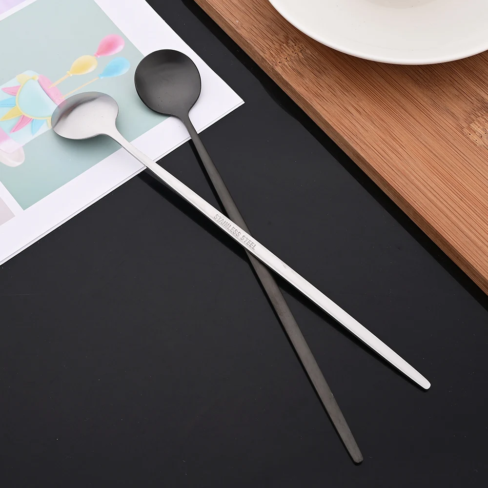 6Pcs Matte Black Long Hangdle Spoon For Stirring Drink Steainless Steel Gold Dinnerware Tableware Cutlery Ice Cream Spoon Set