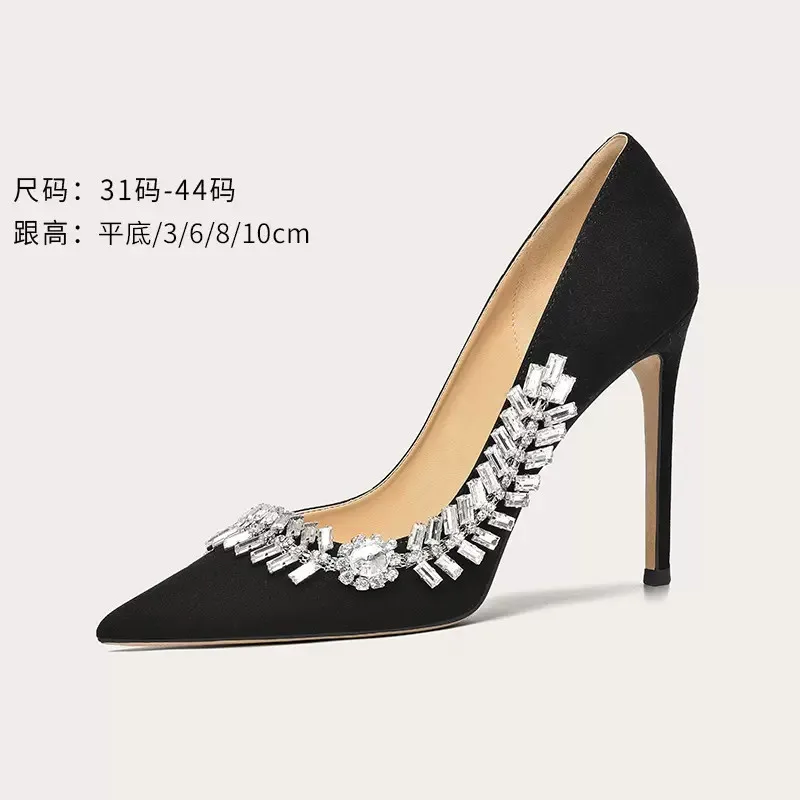 Spring and summer new pointy fleece rhinestone flat sole single shoes thin high heels banquet dress large small women's shoes