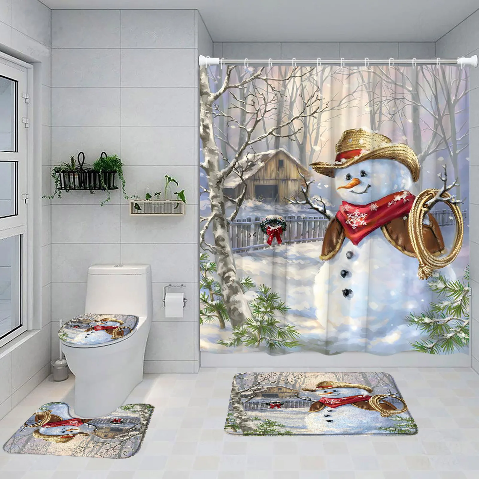 Funny Snowman Shower Curtain Set Winter Christmas Forest Cedar Squirrel Red Birds Xmas Home Bathroom Decor Bath Mat Toilet Cover