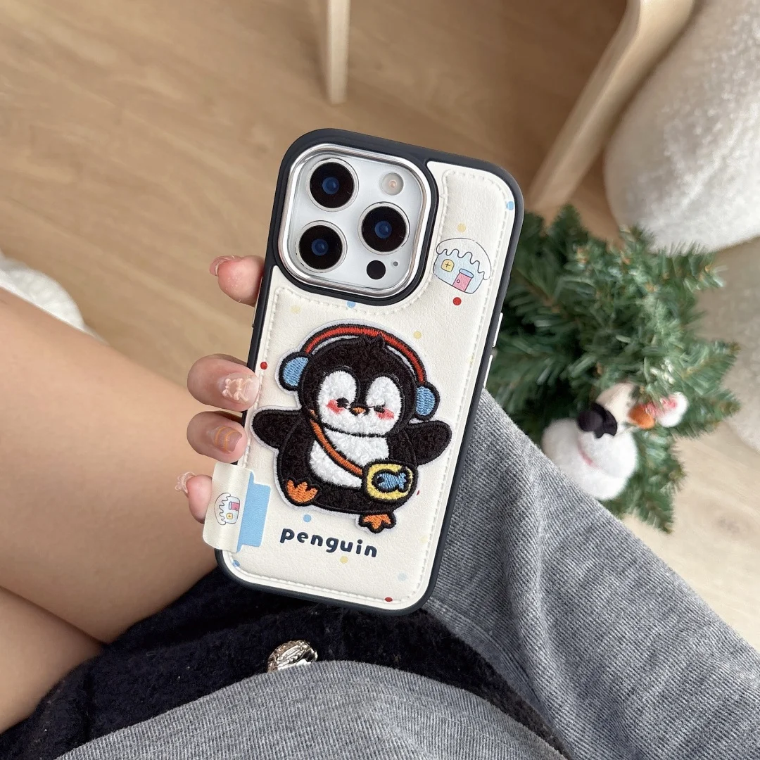 

Cute Embroidered Plush label Penguin Dachshund animal pattern Phone Case For iPhone 17 Pro Max 16 15 14 13 Pro Max Y2K Cover