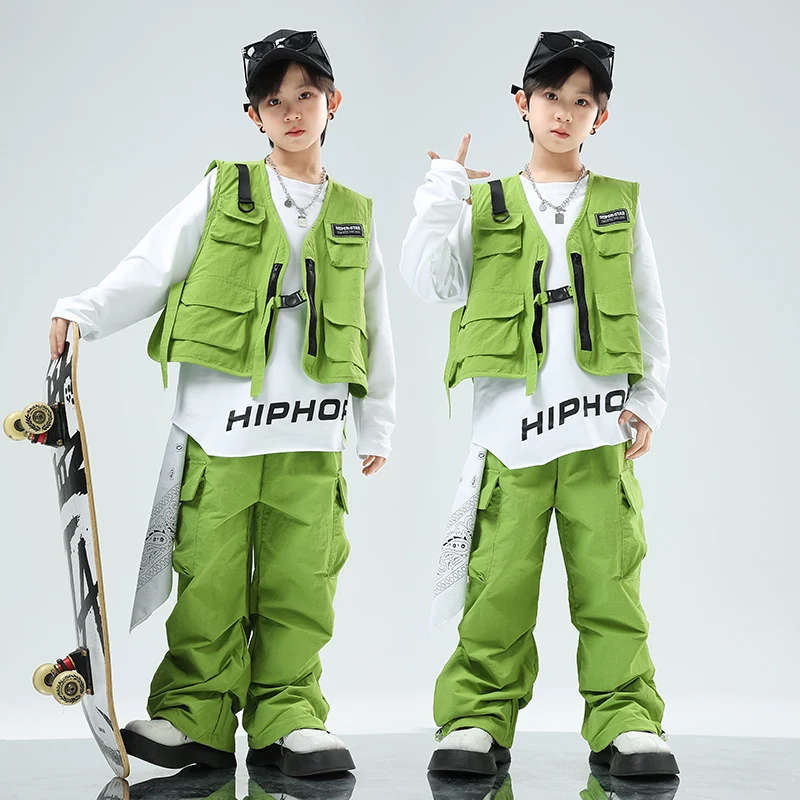 Kids Hip Hop Dance Clothes Green Vest Pants Boys Performance Costume Girls Jazz Dance Outfits Teenagers Group Stage Wear BL12073