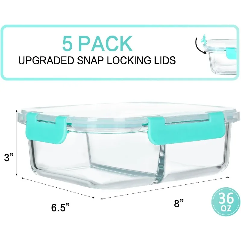 [5-Pack,36 Oz]Glass Meal Prep Containers 2 Compartments Portion Control with Upgraded Snap Locking Lids Glass Food Storage