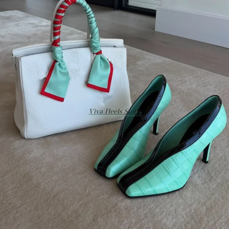 

Women's Square toe mixed colors leather high heels Crocodile-patterned 2026 new in black/white luxury designer party shoes