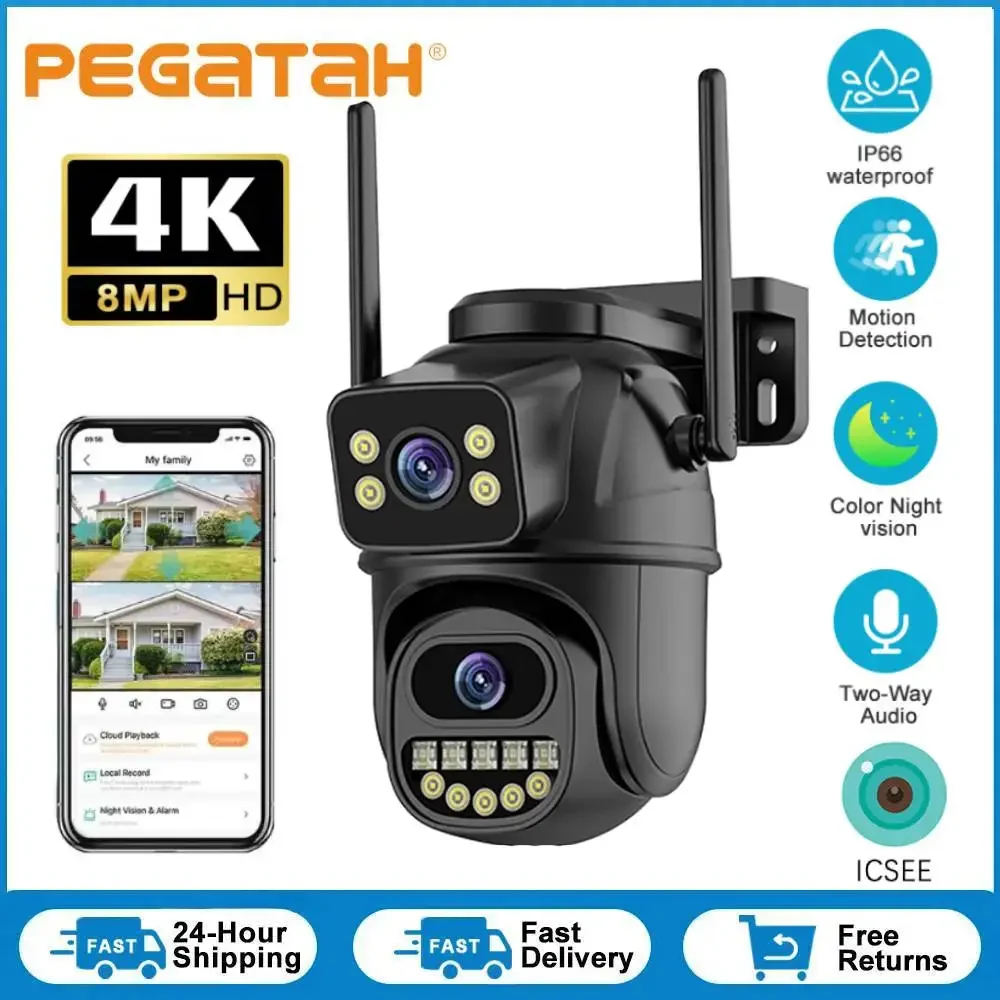 

4K 8MP ICSEE Wi-Fi камера безопасности двойной объектив двойной экран 8-кратный зум уличная водонепроницаемая цветная камера ночного видения IP66 камера наблюдения
