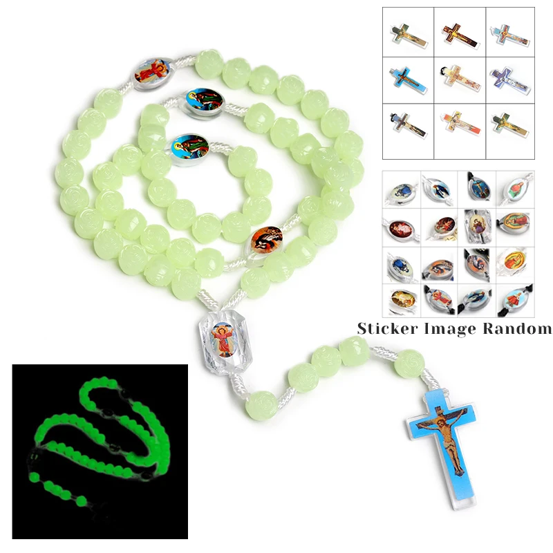 Fashion Christian Catholic Luminous Rosary Cross Necklace For Women Prayer Necklace Sticker Icon Random