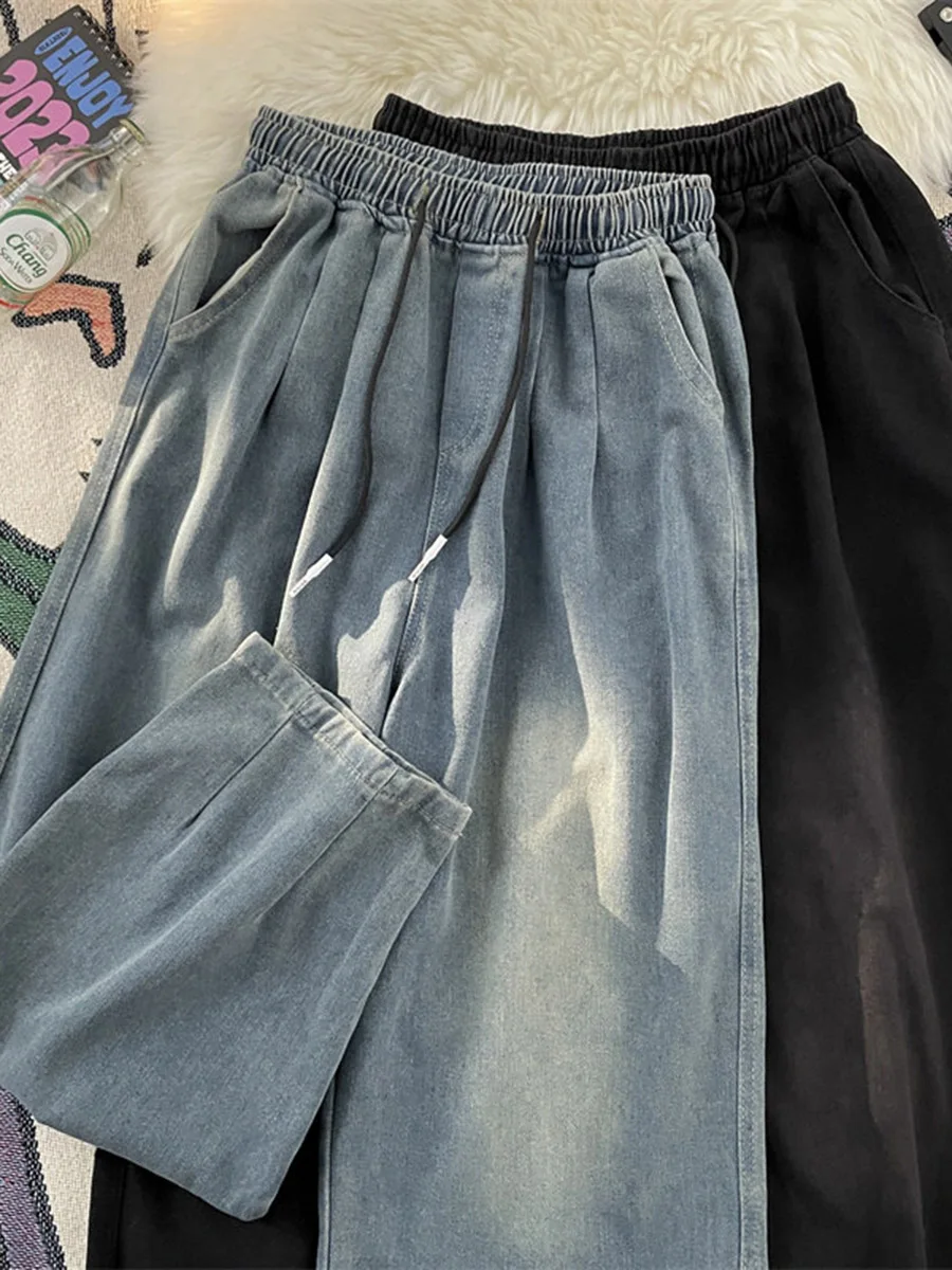 

Мужские джинсы в японском ретро-стиле, свободные, прямого кроя, повседневные, с эффектом потертости, на эластичной резинке, молодежные, модные