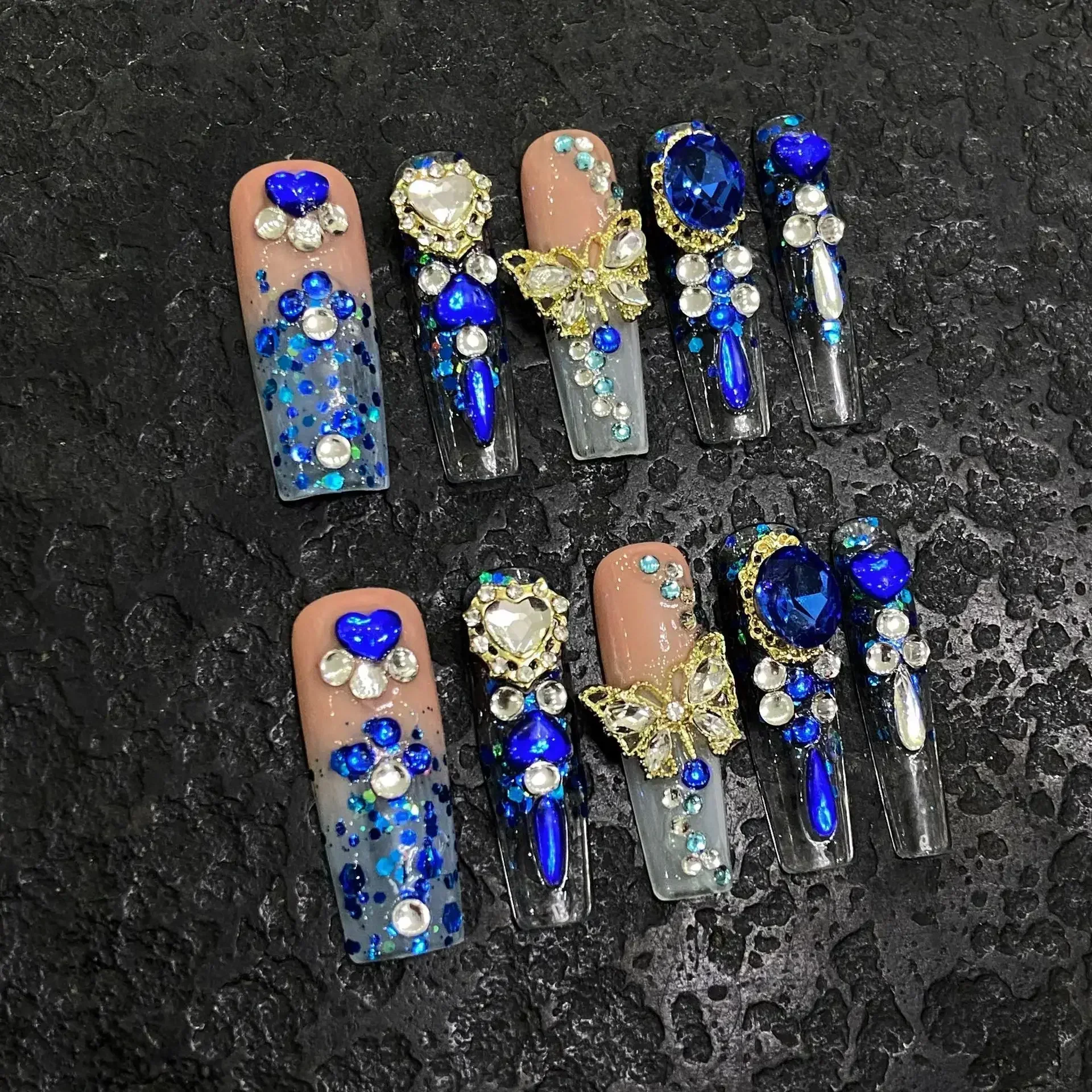 10Pcs Blue Handmade Butterfly Press on Nails Long False Nails Decoration with Rhinestones French Wearable Fake Nails Tips Art