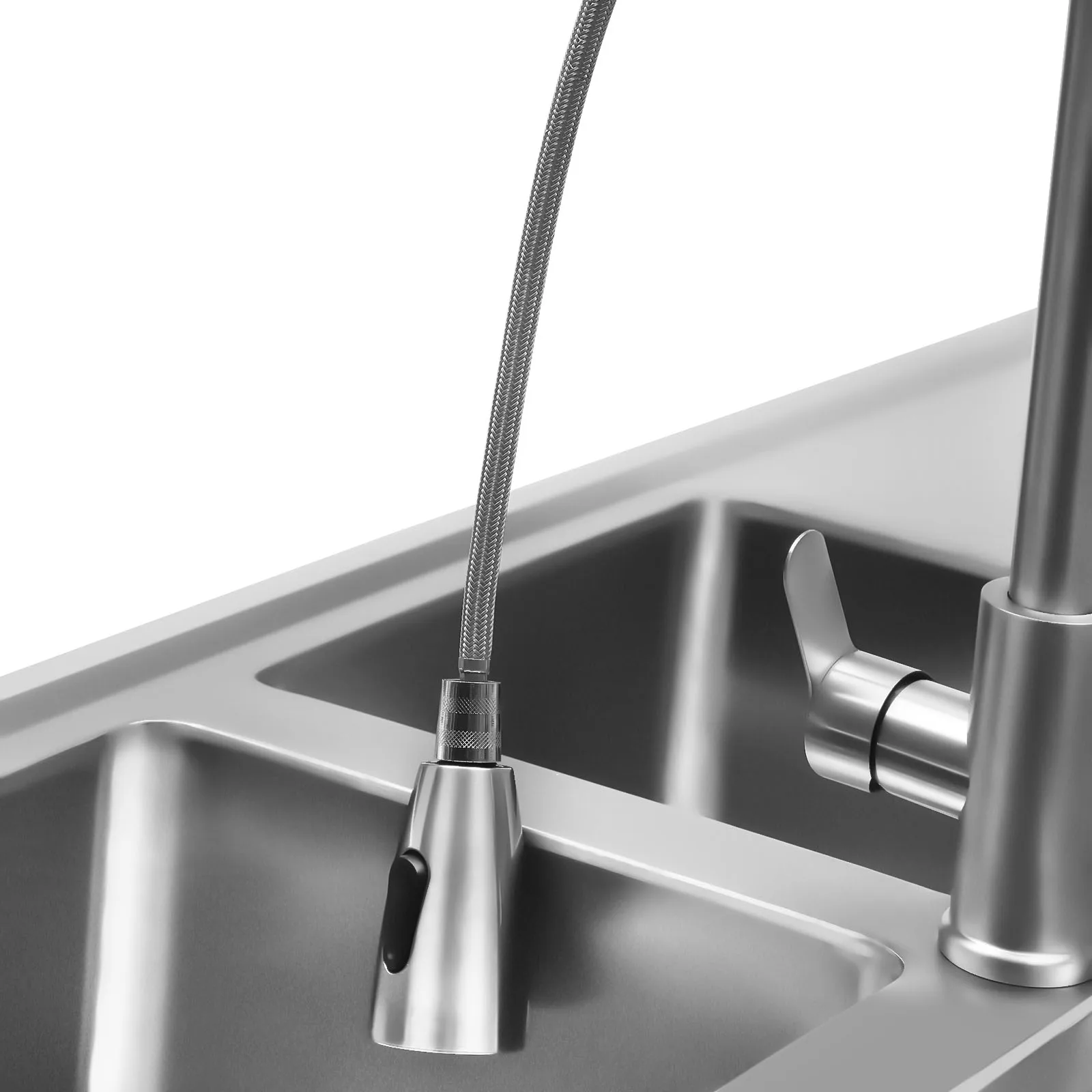 مطعم تجاري بالوعة المطبخ فائدة بالوعة الفولاذ المقاوم للصدأ وعاء مزدوج بالوعة الساخن + الباردة سحب التدريجي صنبور زر التحكم في التدفق #3