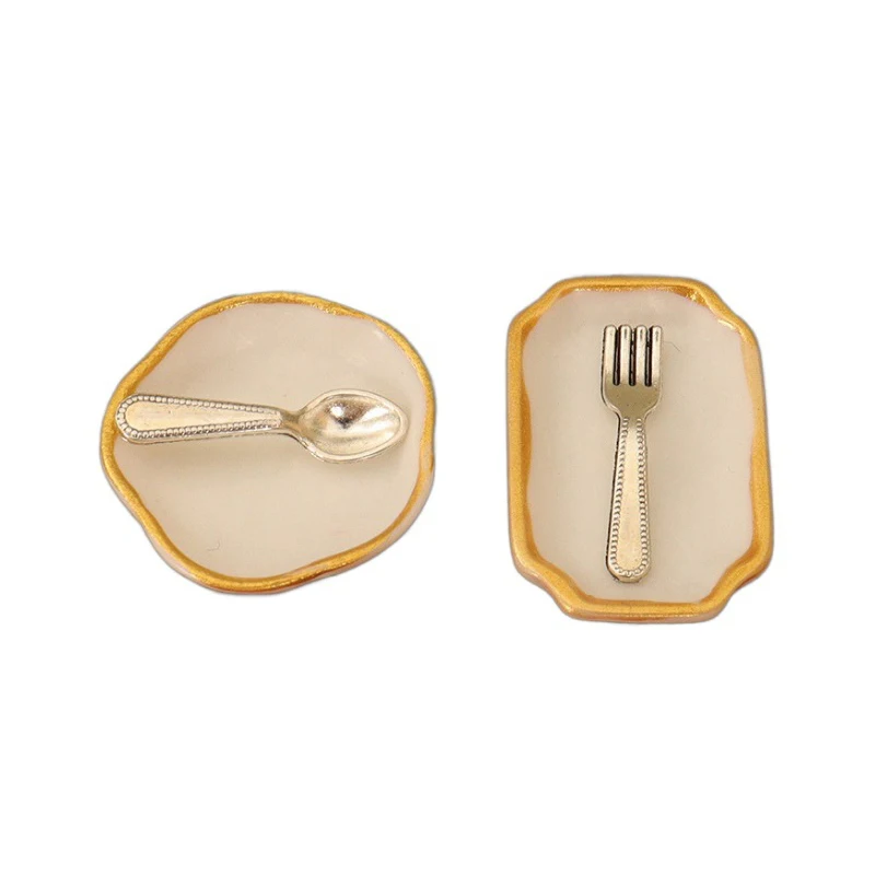 2Pcs 1:12 Dollhouse Miniature Tableware Bowl Plate Mini Simulated Gold-rimmed Spoon Fork Food Cake Plate Model Kitchen Decor Toy