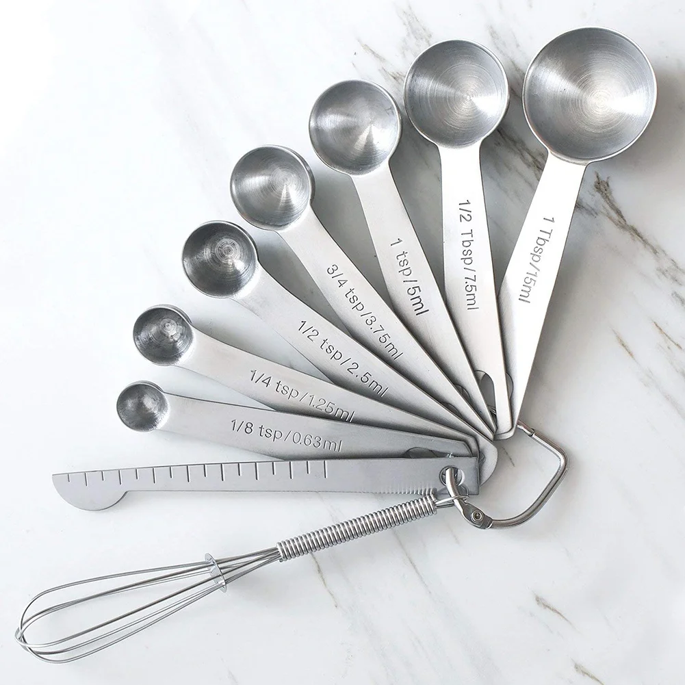 Kitchen Food Stainless Steel Measuring Spoon 9-Piece Set Machine Clean Whisk Measuring Stick Multi-Size Durable Household Spoons