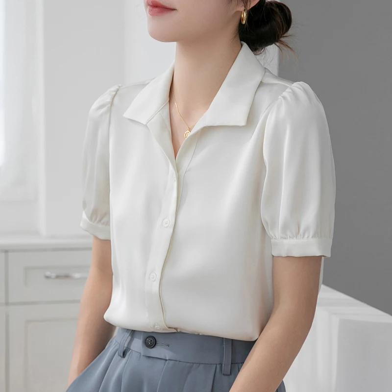 Women Summer Korean Slim Office Lady Shirring Solid Color Square Collar Short Sleeve Shirts Women Clothes Casual All-match Tops