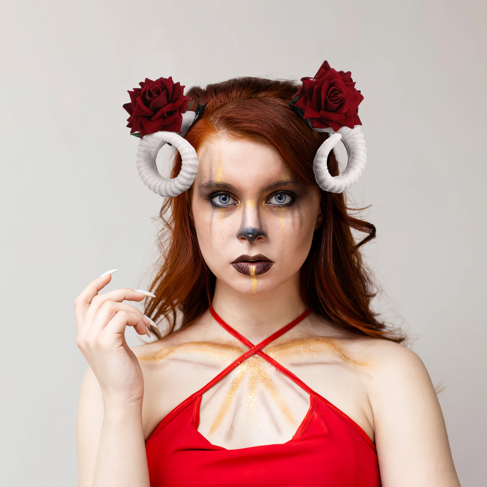 

Horns Hairclip with Rose Flower Halloween Costume Party Decor Unique Sheep Headband White Cosplay Headwear
