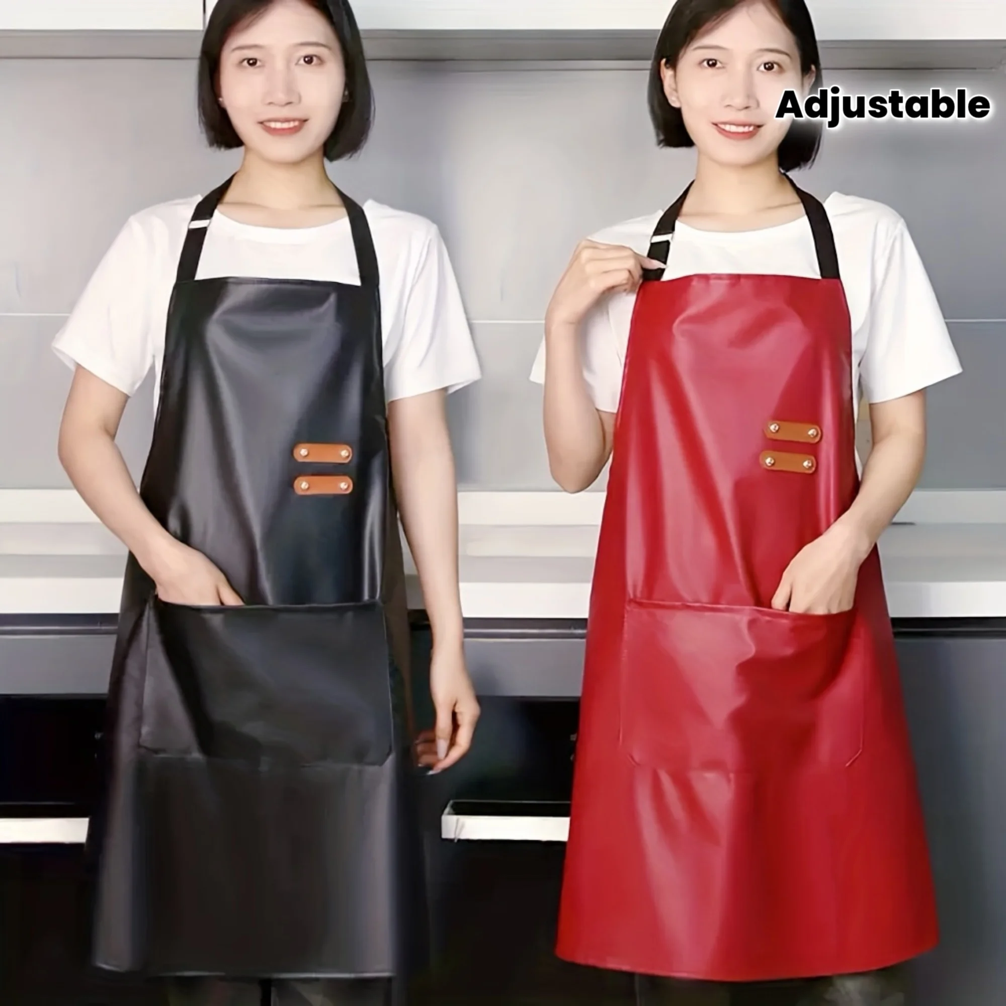 PU-Material Waschfreie Schürze mit Verstellbarem Nackenband und Taschen, Wasserdicht, Ölfest, für Küche, Tierpflege, Friseursalon