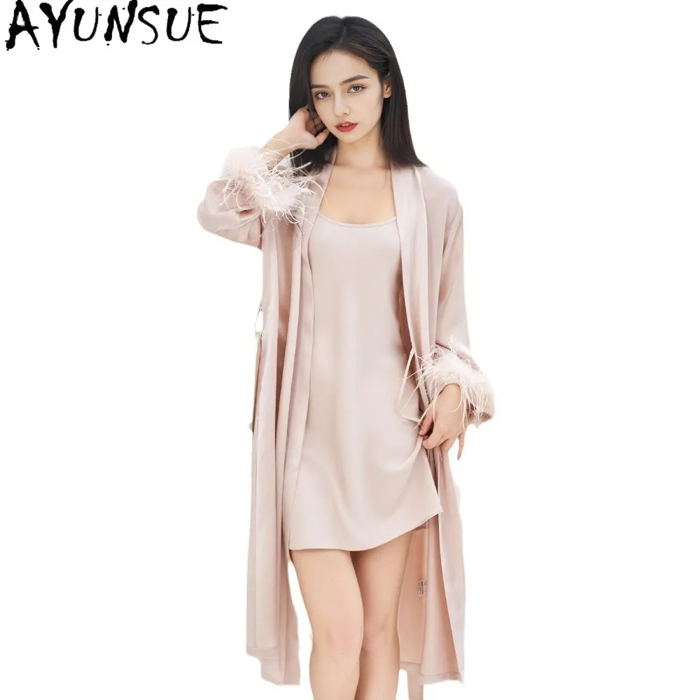 AYUNSUE 100% Real Mulberry Silk Robe Women Nightgown Lace-up Spring Morning Robes 19MM Silk Women's Home Clothes Down Splicing