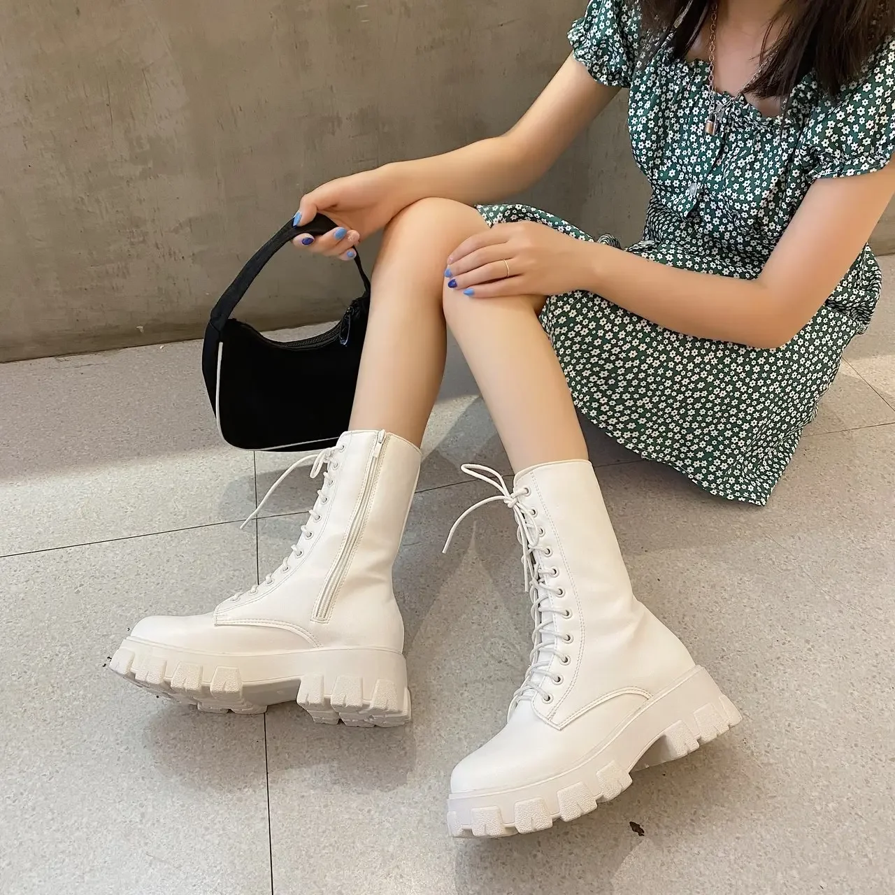 Women Motorcycle Boots Wedges Flat Shoes Woman Spring High Heel Platform Leather Autumn Boots Lace Up Shoes Black Girls Platform