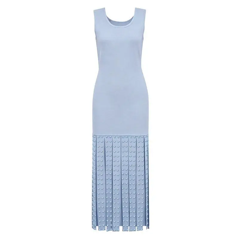

Summer New Style Sleeveless Slim Fit Long Knitted Dress Rhinestone Elegant Lady Long Skirt Knit Dress for Women