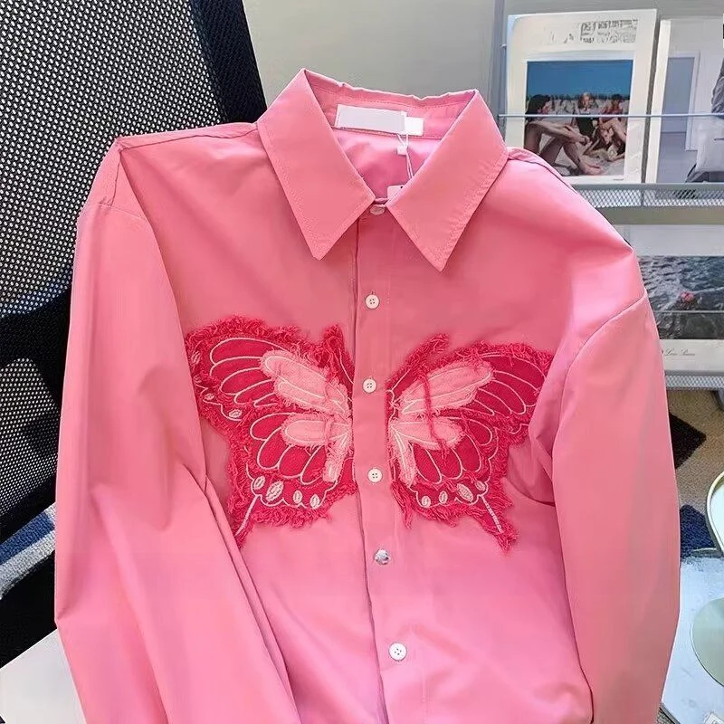 DAYIFUN Butterfly Patch Pink Shirts for Female American Retro Loose Versatile Tops Long Sleeved Lapel Women's Spring Outer Wear