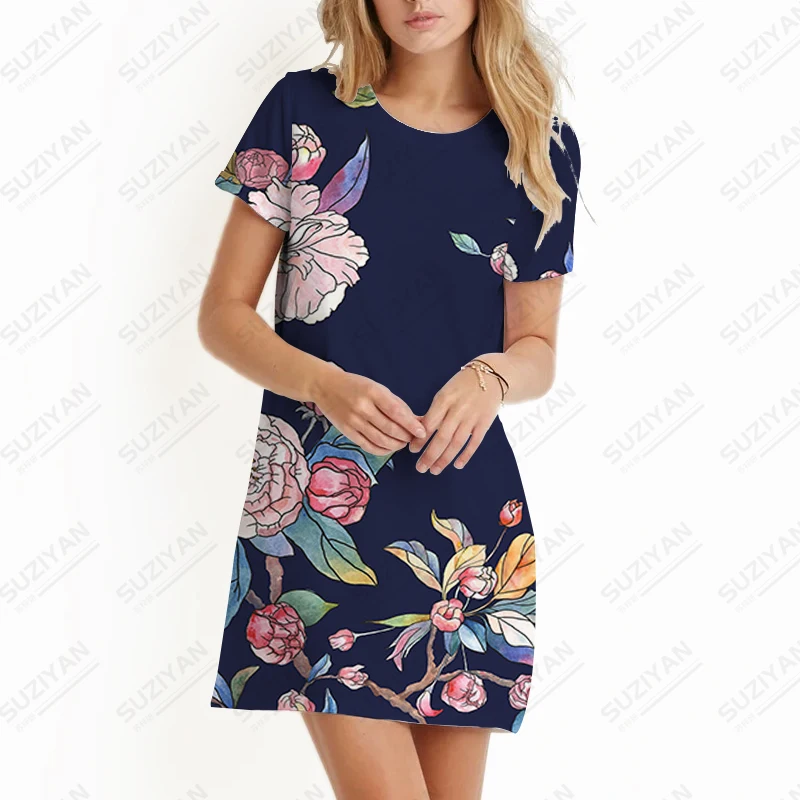 Summer new ladies dress, flower 3D printed lady dress retro style ladies dress fashion trend leisure ladies dress