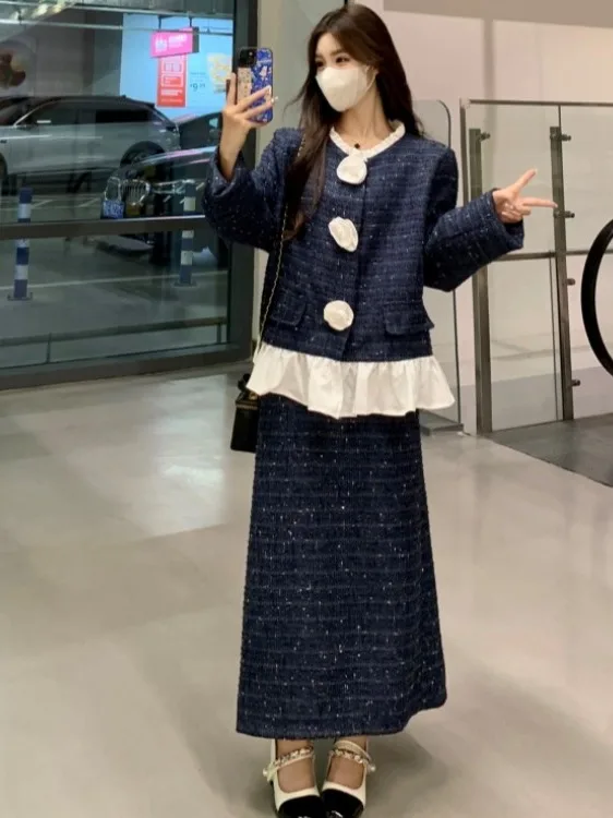 

Женский комплект из двух частей юбки, маленькие ароматные серьги с 3d цветами, пальто, топы, тонкая юбка трапециевидной формы с высокой талией и блестками, рюшами