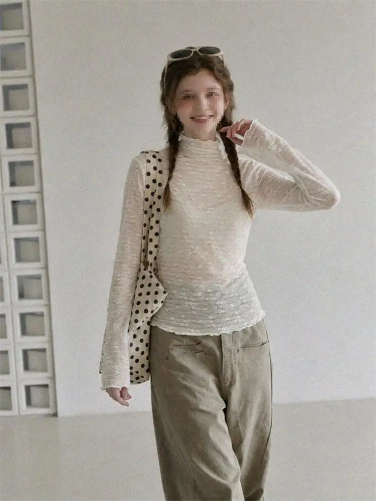 Lace Long Sleeve T-Shirt Women's Base Shirt Spring 2026 New Inner Wear Top Half High Collar Wooden  Design Commute Style