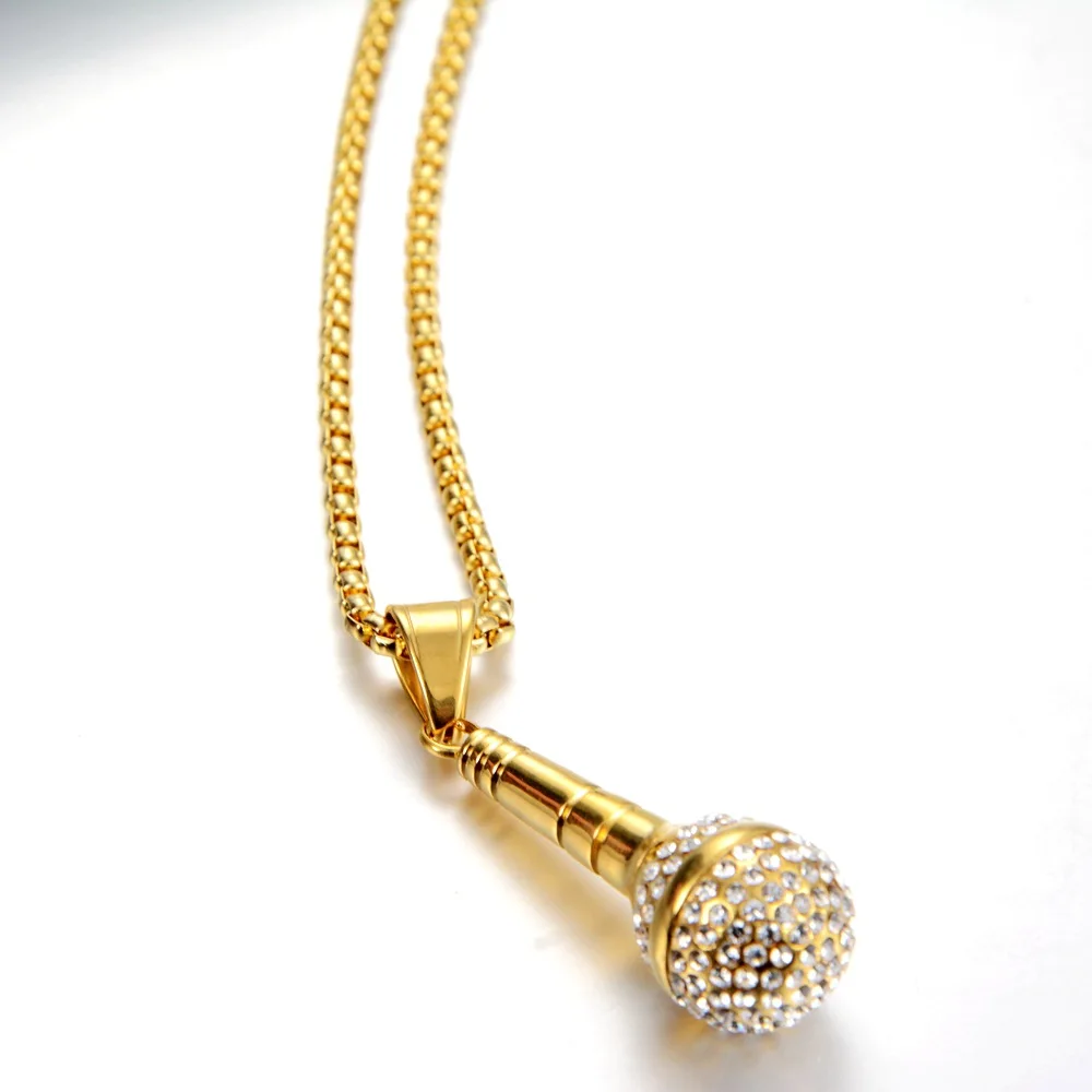 Hip Hop Iced Out Bling Microphone Pendant Gold Color Stainless Steel Music Necklace For Women Men Rapper Party Jewelry Gift