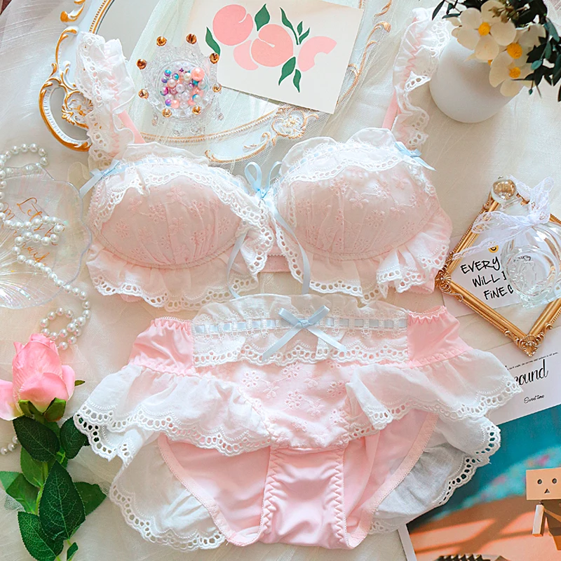 Japanese sweet girl underwear ruffles embroidery cotton micro-gather no steel ring bra set cute bow women lingerie panty