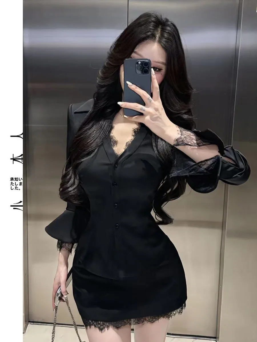 

Slim Fit Lace Trim Shirt And Short Skirt Set Sexy Bodycon Design V Neck Button Closure Long Sleeve Women's Fashion Spring Outfit