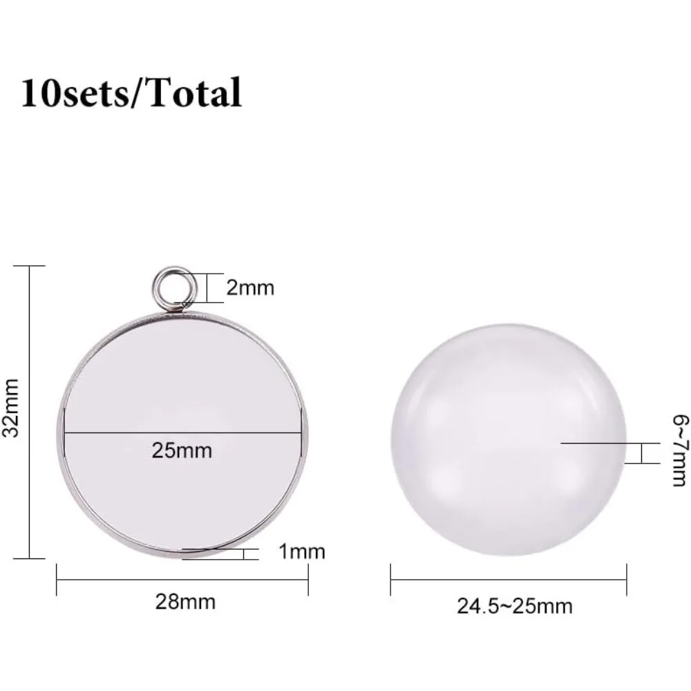 دلاية مسطحة مستديرة من الفولاذ المقاوم للصدأ ، إعدادات الكابوشون ، كبوشون زجاجي شفاف ، صينية معدنية ، دلايات ، 10 مجموعات ، 25