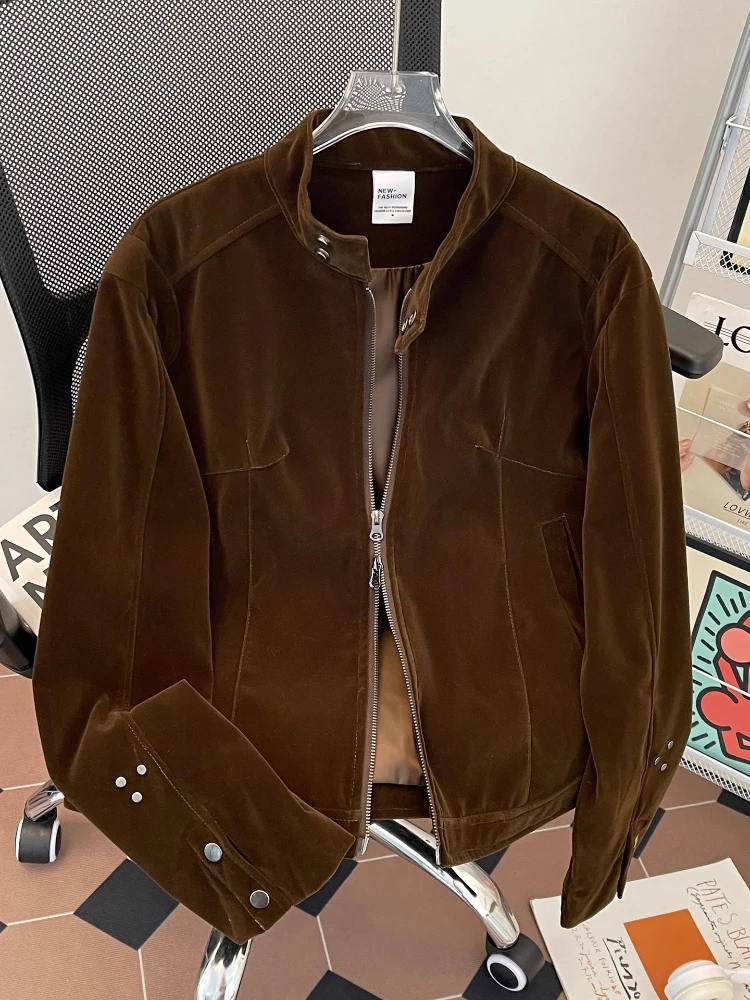 

Винтажная коричневая замшевая куртка с воротником-стойкой, мужская весенне-осенняя повседневная свободная ветрозащитная куртка в стиле ретро в американском стиле на молнии, мотоциклетное пальто