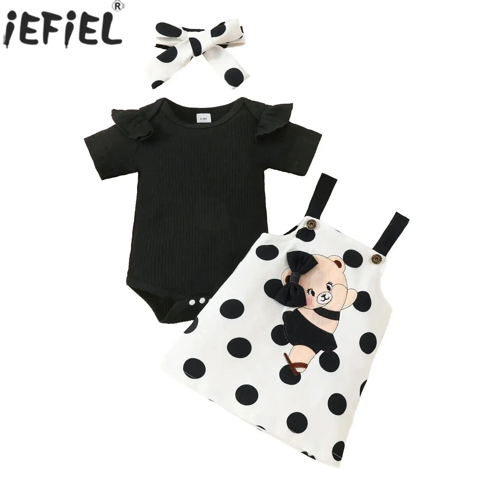 

Baby Girls Cute Little Bear Costume Set Birthday Party Outfit Short Sleeve Rib Rompers with Suspender Dress Headband Daily Wear