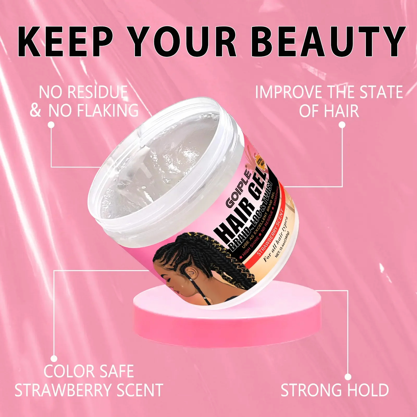 ゴイプル-ストロベリーの香りのヘアスタイリングジェル,高光沢 - Edge Control Gel のレビューと価格