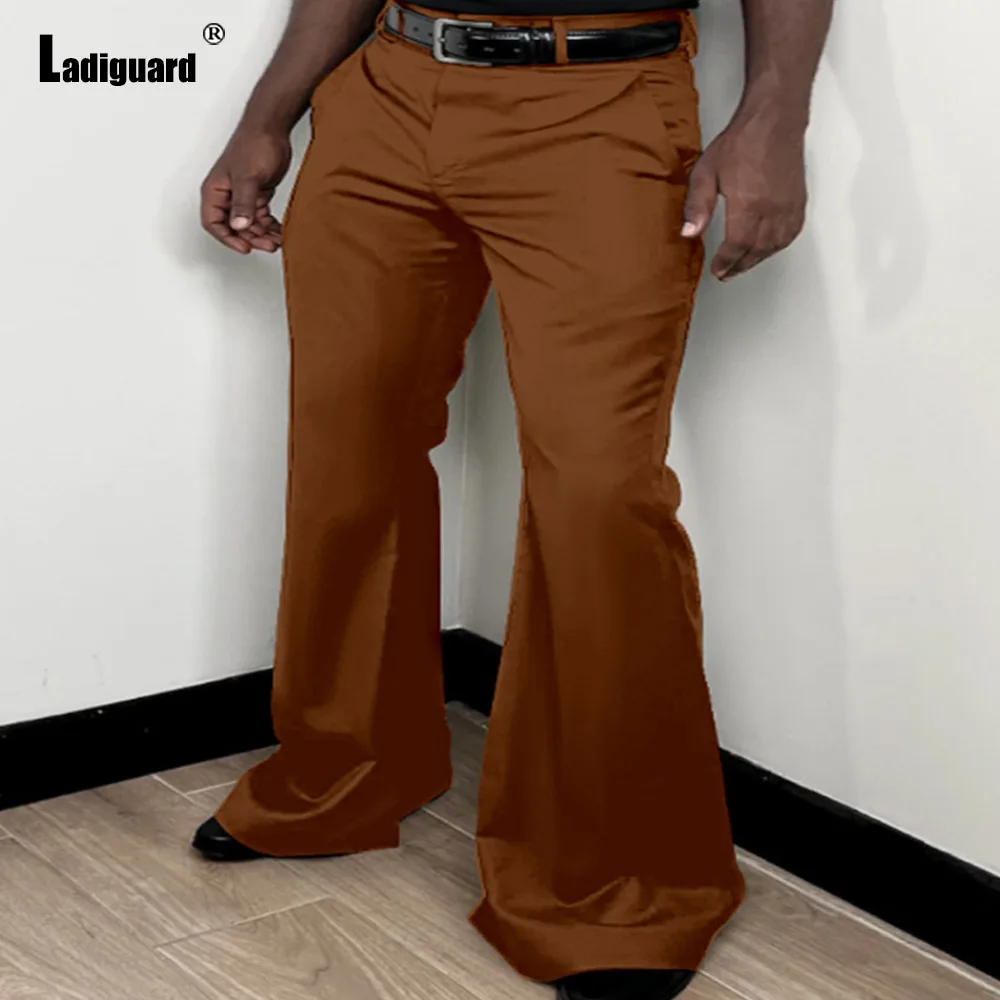 Samlona Men Vintage Basic Flare Pants Solid White Khaki Full-Length Trousers Plus Size 3xl Mens Fashion Zipper Pocket Sweatpants