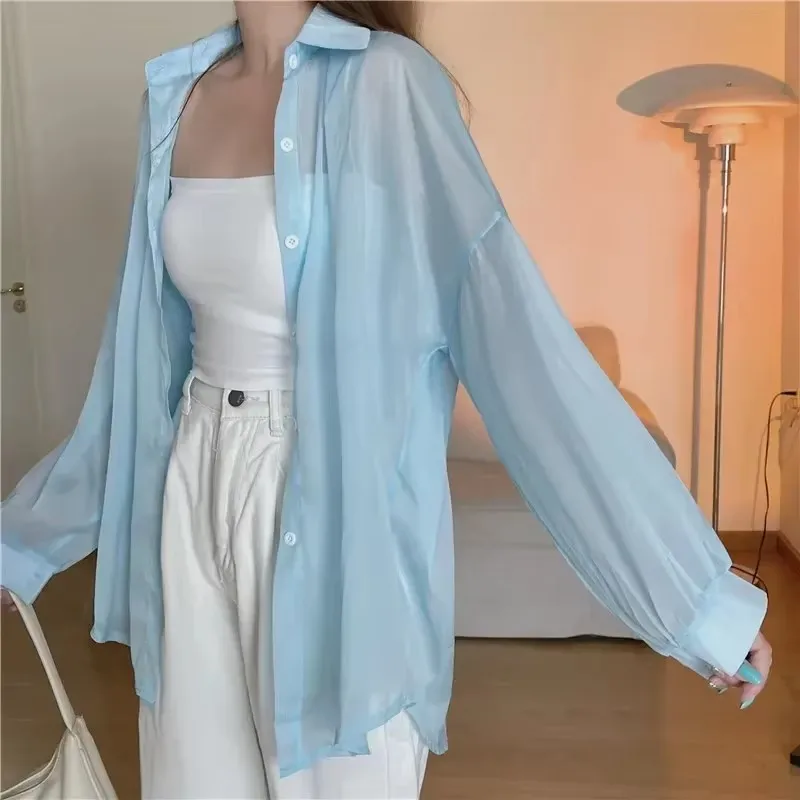 Pastel Button Down Shirt Sheer Chiffon Oversized Long Sleeve Airy Top Cover Up Teen-girl Women's Shirts Blouse Casual Outfit