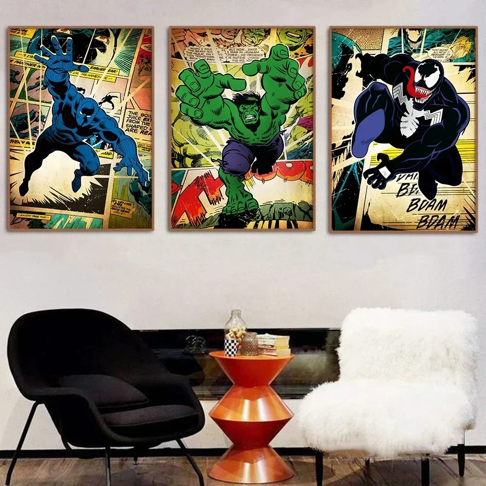 Vintage Marvel Movie Avengers Wall Art Posters SpiderMan Iron Man Hulk Thor Home Room Decor Canvas Painting Print Picture gifts