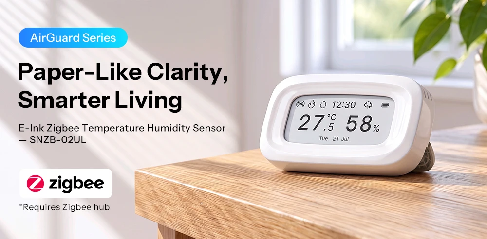 SONOFF E-Ink Zigbee Temperatur- und Feuchtigkeitssensor mit 2,9" Bildschirm AirGuard SNZB-02UL Zeit-, Wetter- und Datumsanzeige Kompatibel mit Alexa und Google – Detail 1