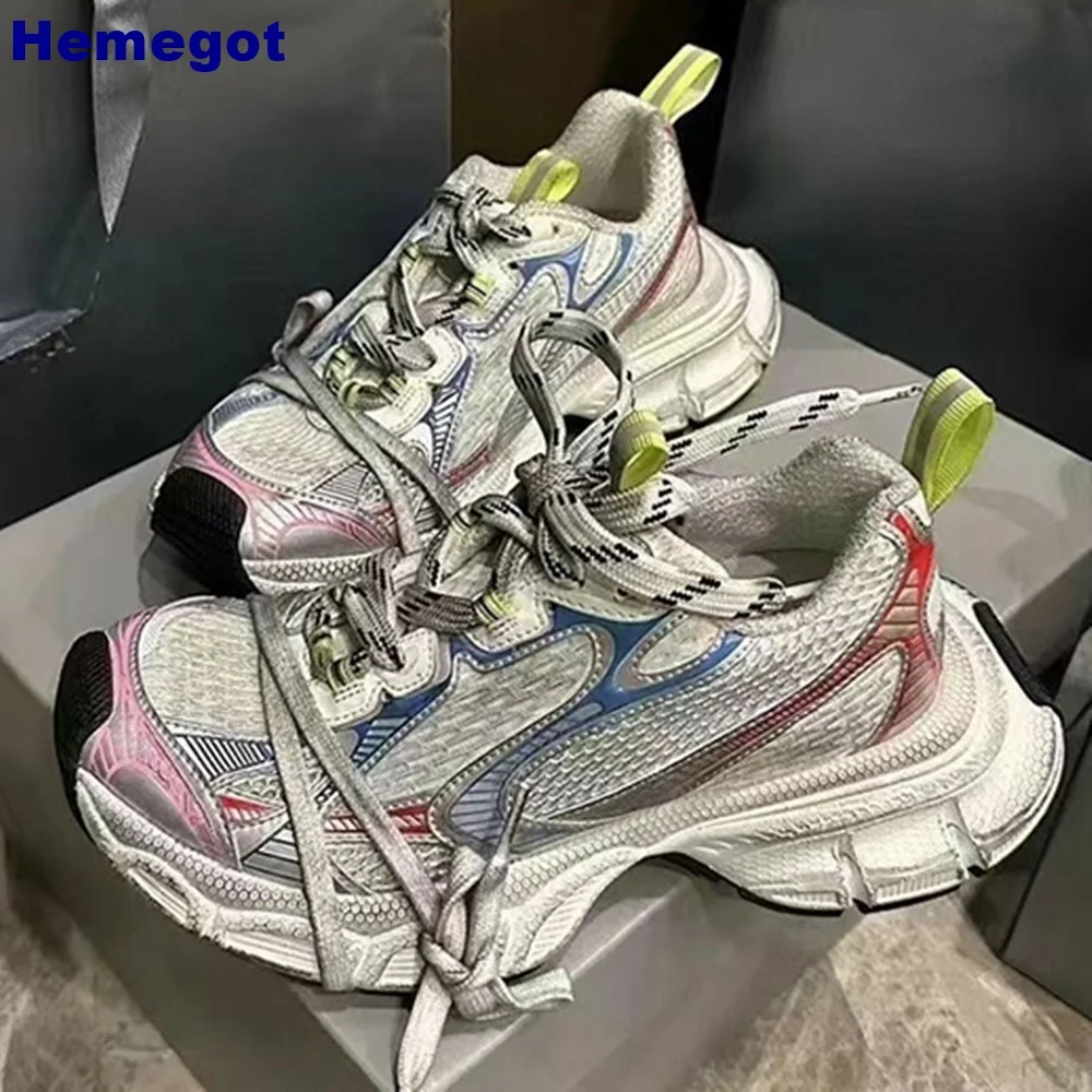 Patchwork Mesh Street Style Sneakers 2024 Summer Retro Round Toe Lace-Up Sports Casual Shoes Thick Sole Comfort Women Shoes