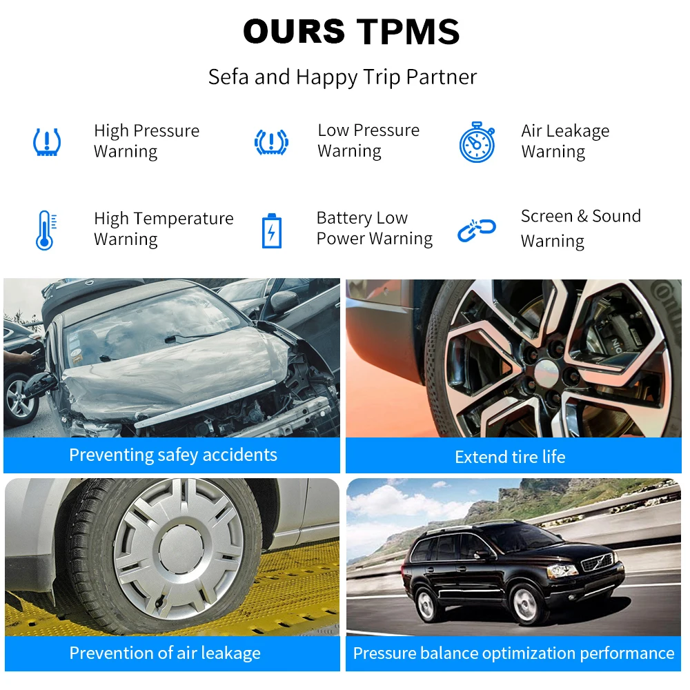 Intelligent TPMS Car Tire Pressure Monitor System with 4 Sensors Display Solar Tyre Pressure Temperature Warning Security Alarm