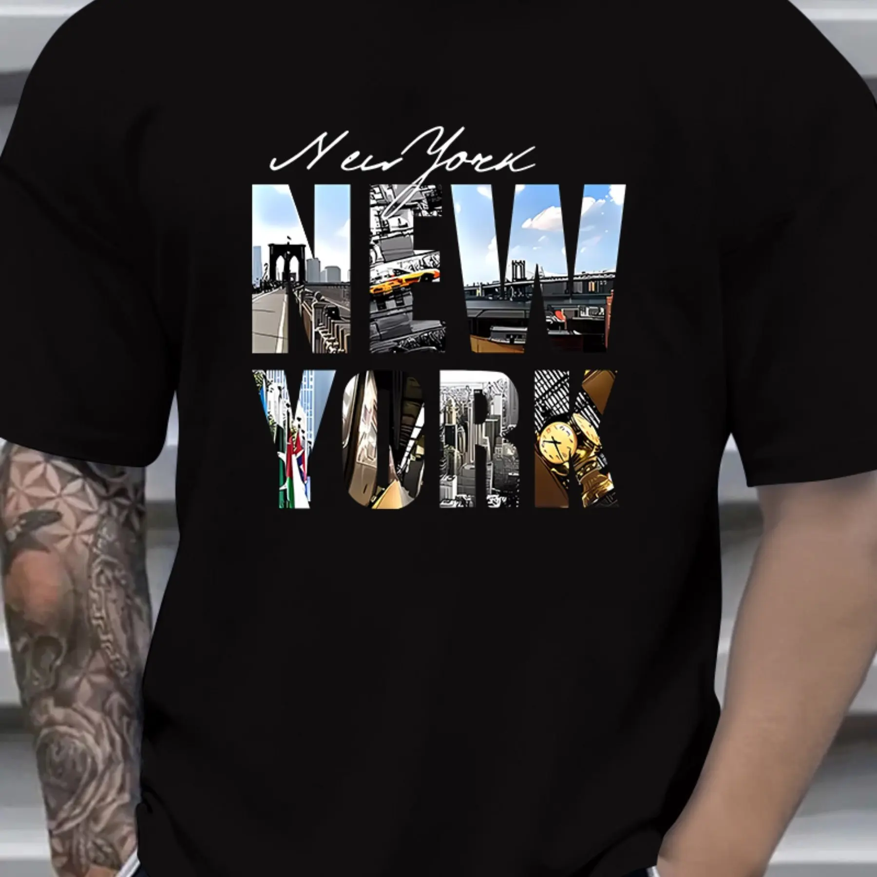 Men's Summer Cotton Fashion Casual Loose New York Pattern Print Sports Round Neck Short-sleeved T-shirt Top Casual Comfortable