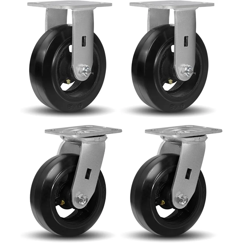 

6 x 2 Heavy Duty Industrial Casters, Rubber on Cast Iron Wheels, Dumpster and Trash Bin Casters, 2 Rigid 2 Swivel Top