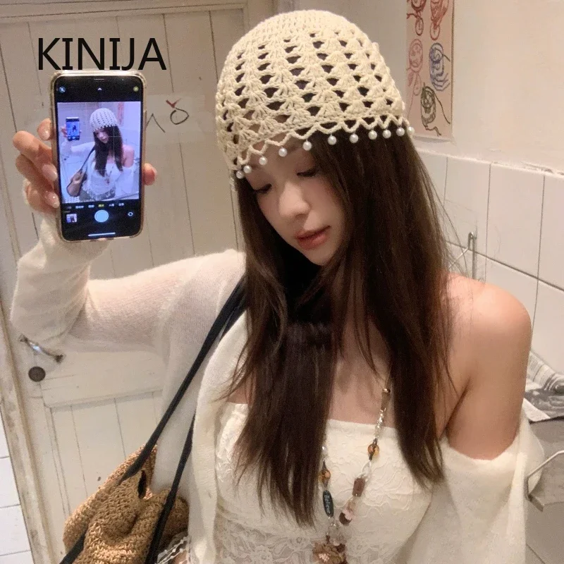 الكورية الرجعية اللؤلؤ شرابة الجوف بيني Cpa للنساء الصيف السفر تنفس تنوعا الجنية نمط البلوز القبعات الملحقات #3