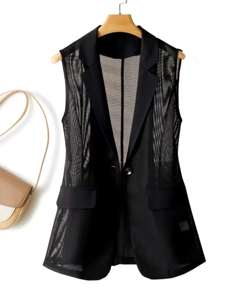 Gilet in rete gilet estivo sottile elegante da donna Slim nero gilet giacca moda spacco risvolto Casual retrò semplice Chic