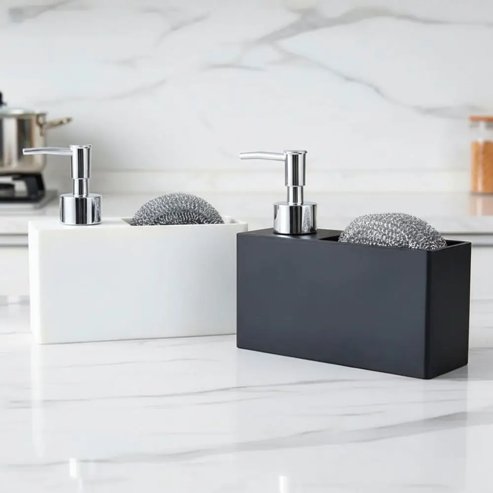 Manual Press Soap Dispenser Sponge Holder Organizer Kitchen Sink Countertop Dish Detergent Bottle Cleaning Storage Accessory