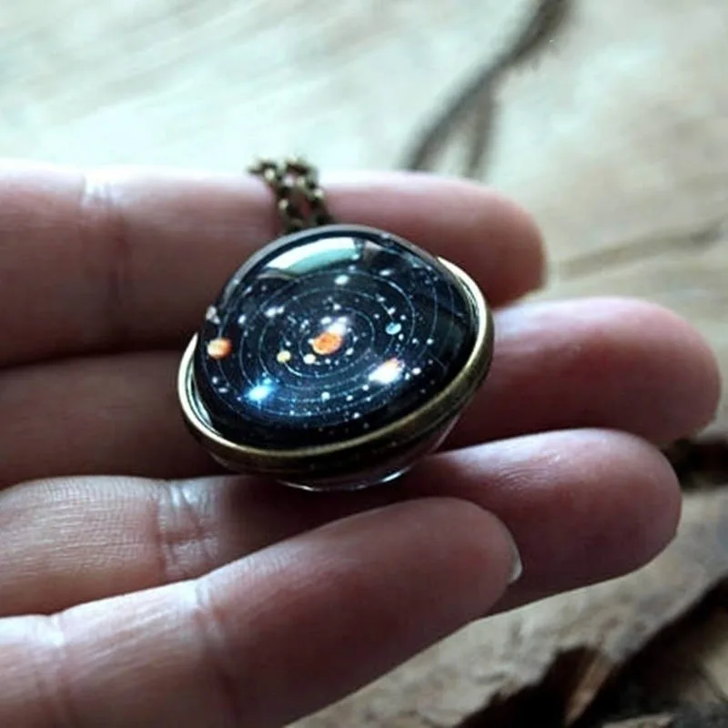 Solar System Pendant Necklace for Women - Double Sided Glass Night Sky Astronomy Jewelry, Unique Birthday Gift